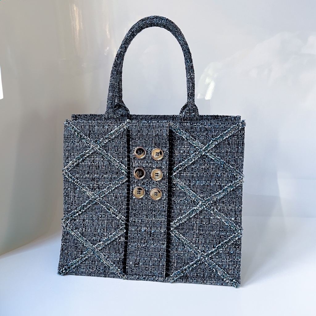 New Blue Cream Black Tweed Tote Shopper Handbag Large Gold Zipper